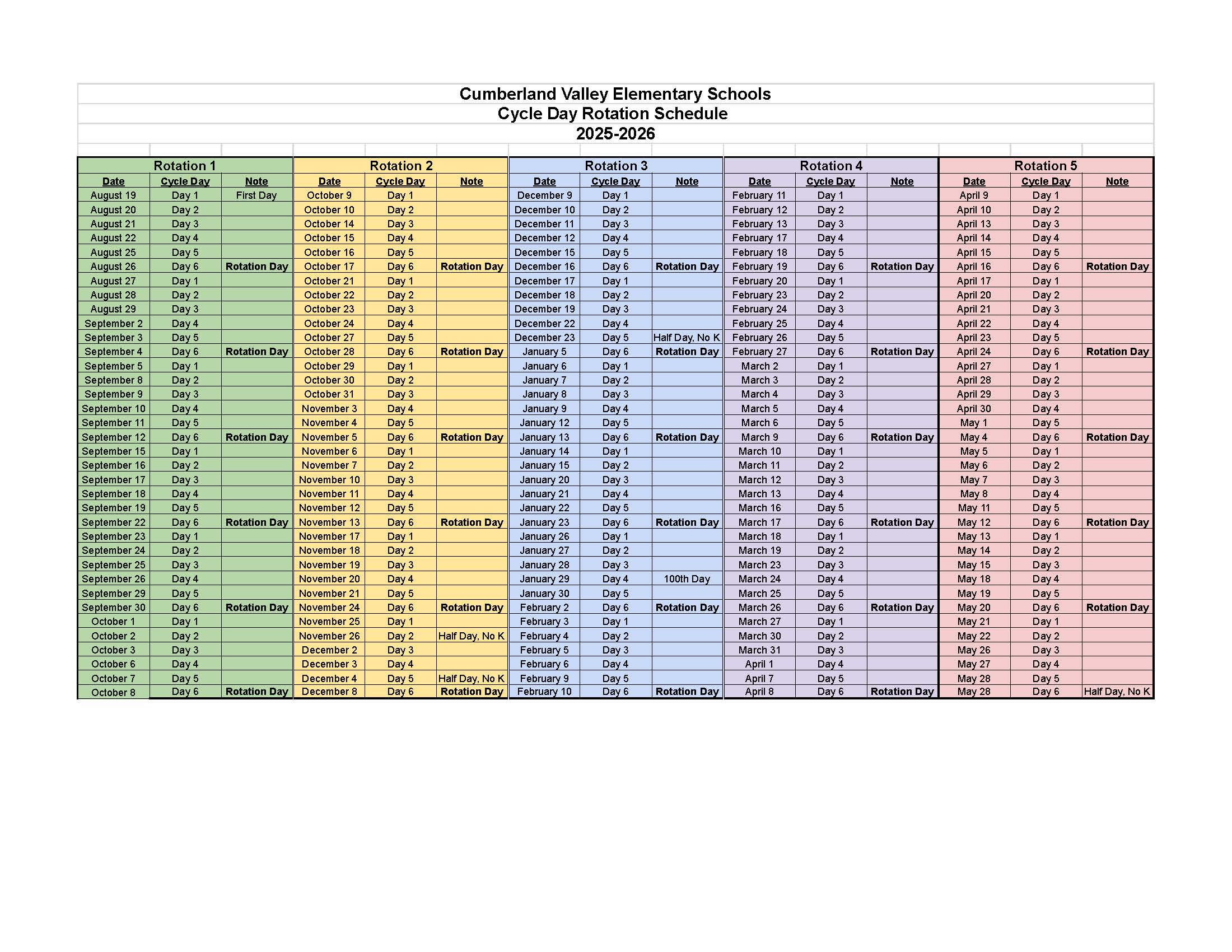 Cumberland Valley Elementary Schools Cycle Day Rotation Schedule 2025 to 2026