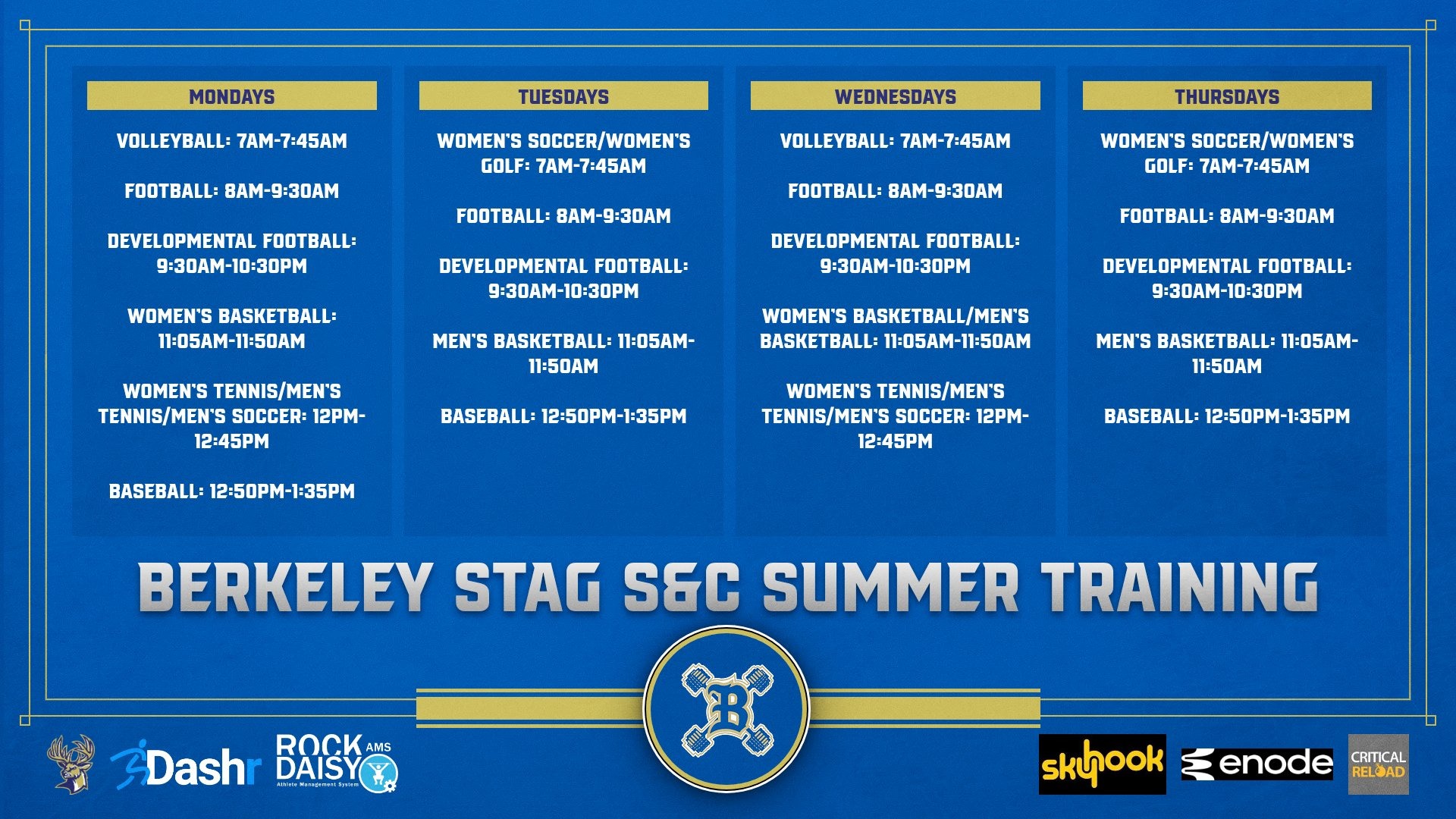 Blue background displays "Berkeley Stag SEC Summer Training" in white. Schedule lists various sports with times and dates, including football, basketball, and volleyball.
