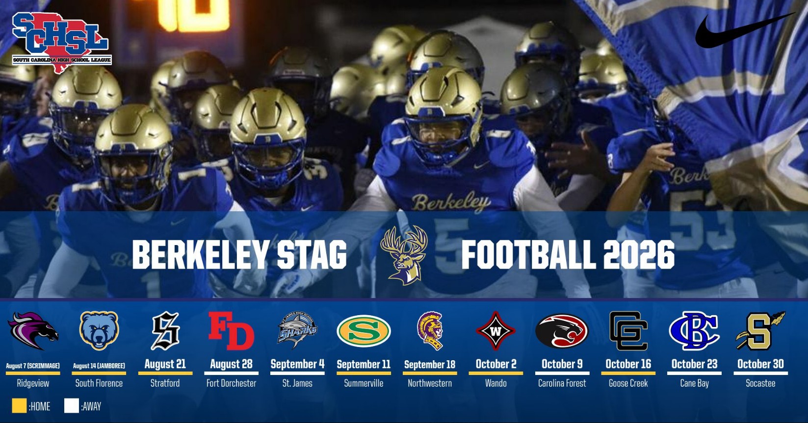 Football players in blue uniforms and gold helmets stand together. Text reads "Berkeley Stag Football 2026" and "Berkeley Stag".