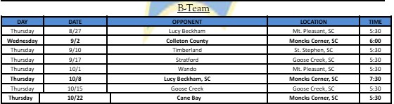 A table with two columns and seven rows. Top row labels: Date, Time, Opponent, Location, Time.