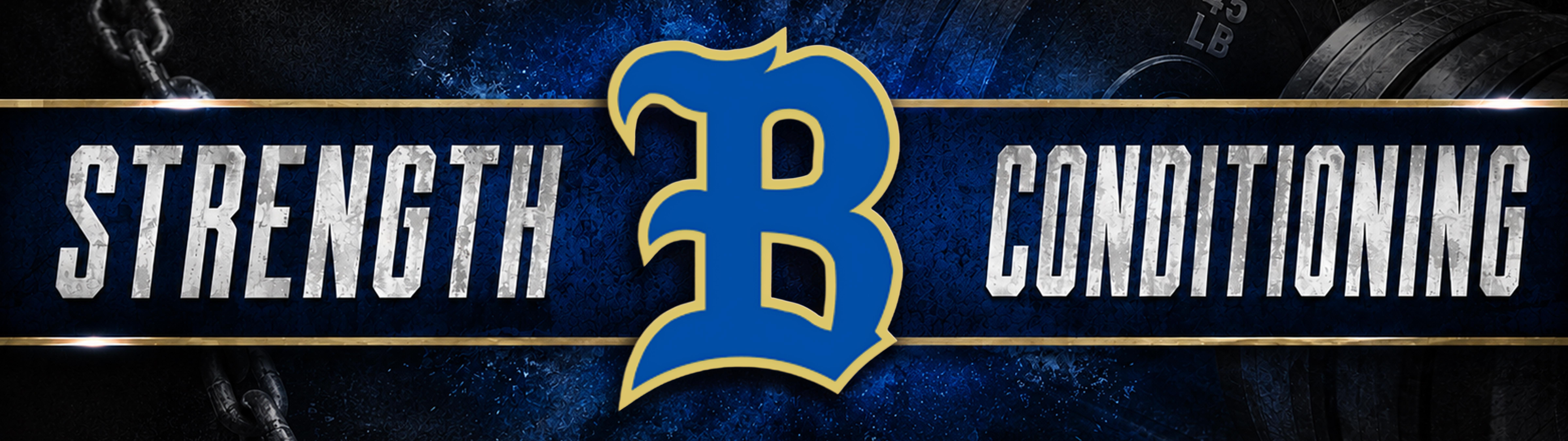 Blue and white banner with "STRENGTH B CONDITIONING" written in bold font on a dark background.
