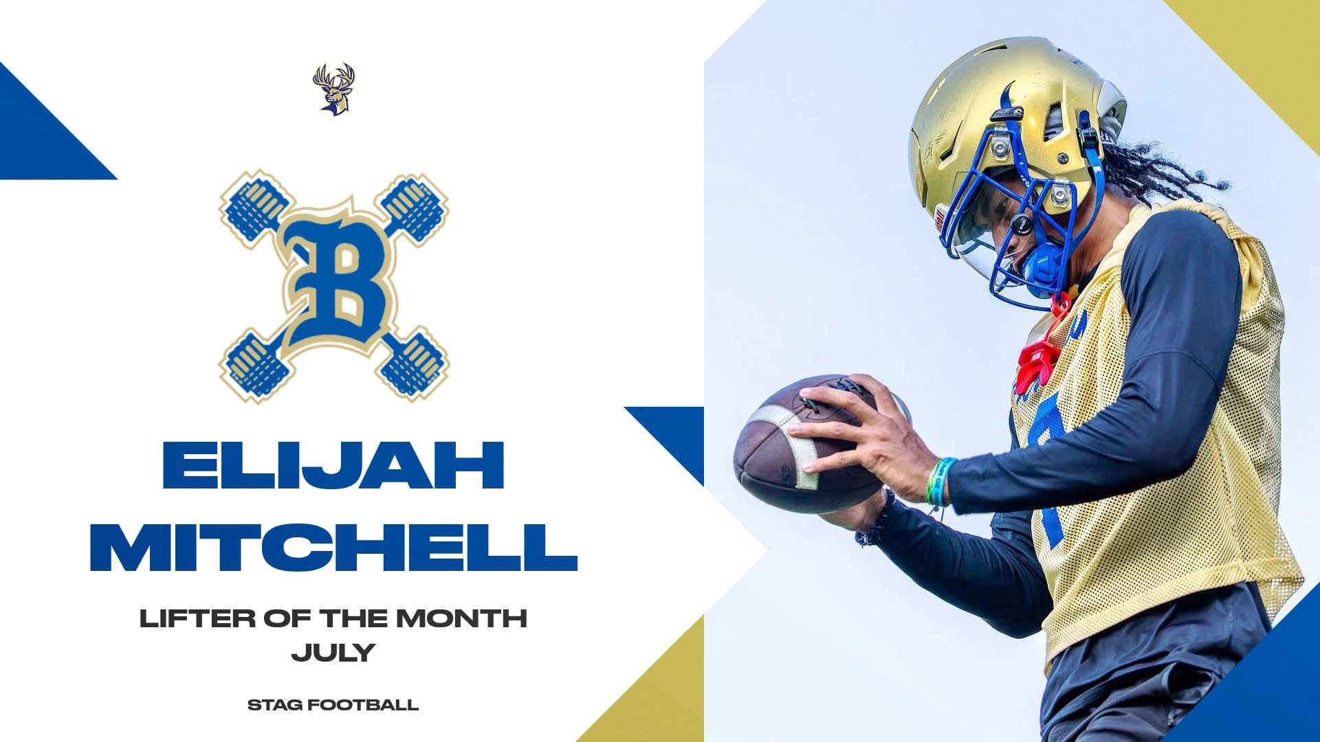 A football player with a helmet holds a football. His name is Elijah Mitchell. The poster reads 'LIFTER OF THE MONTH - JULY'.