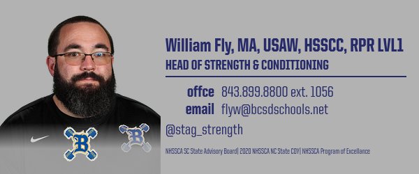 A man with a beard, glasses, and a black T-shirt poses. "William Fly, MA, USAW, HSSCC, RPR LVL1 HEAD OF STRENGTH & CONDITIONING" is written above him.