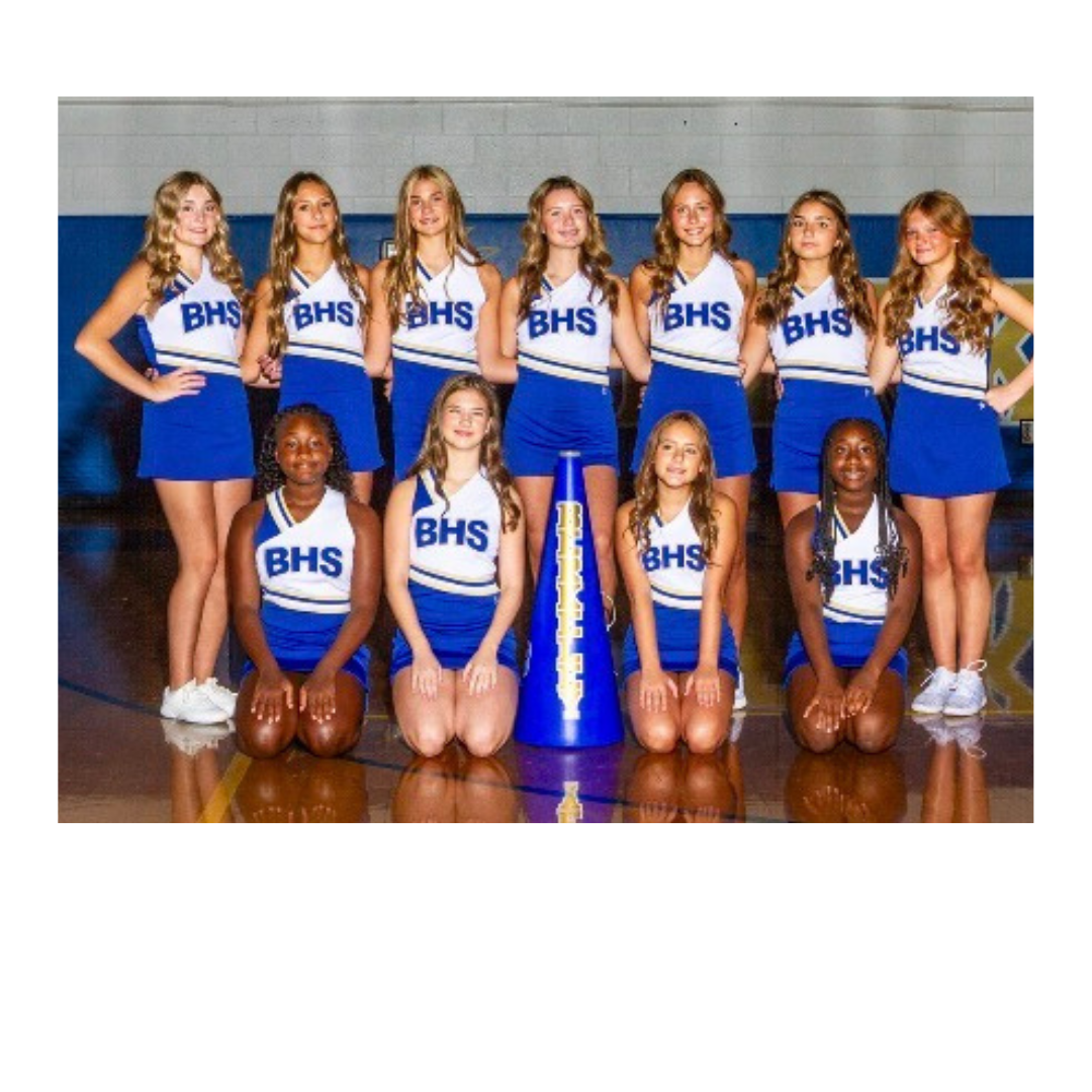 Cheerleaders in blue and white uniforms, with "BHS" on their tops, pose on a gym floor.