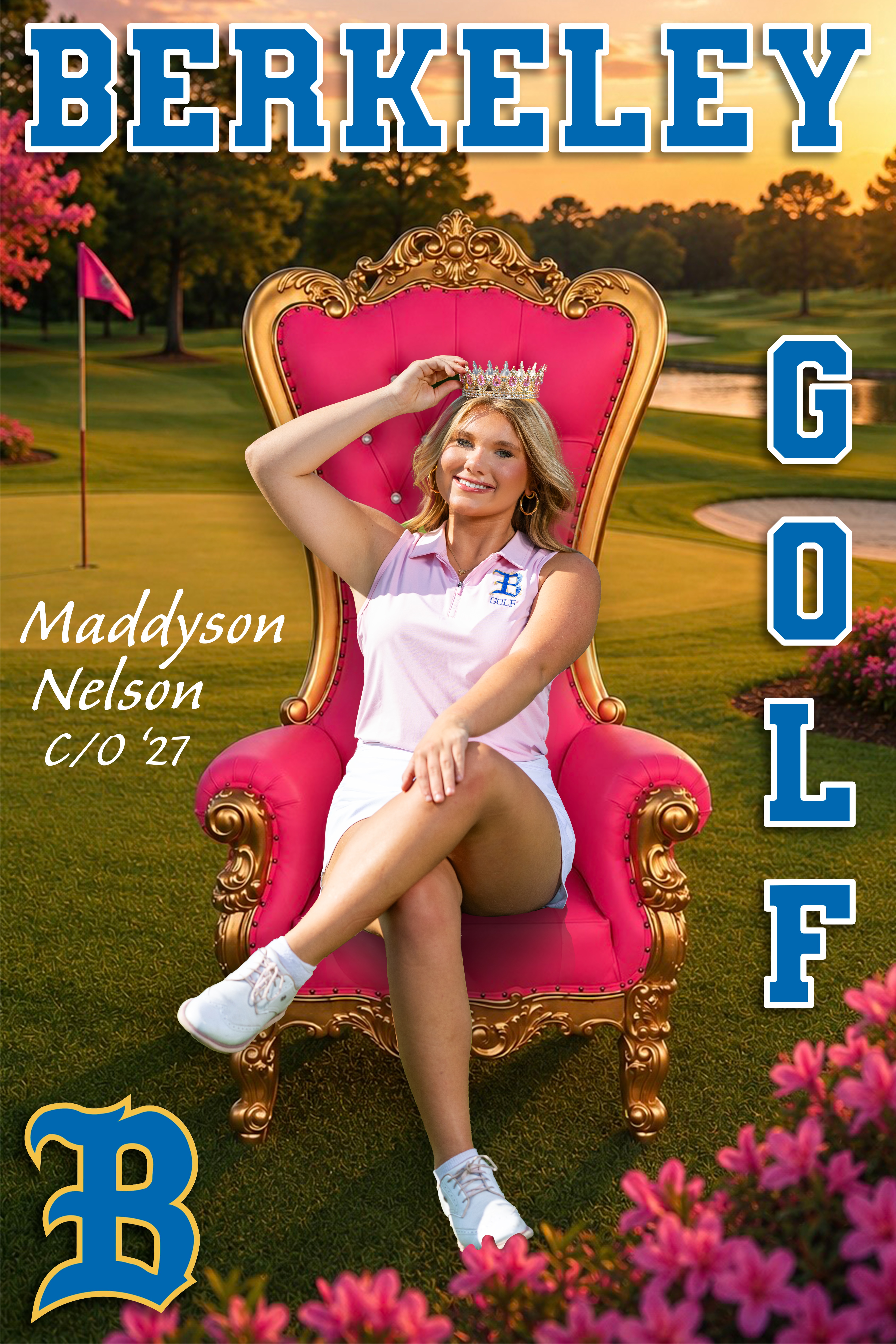 Woman in golf attire and crown sits in a pink throne on a golf course.