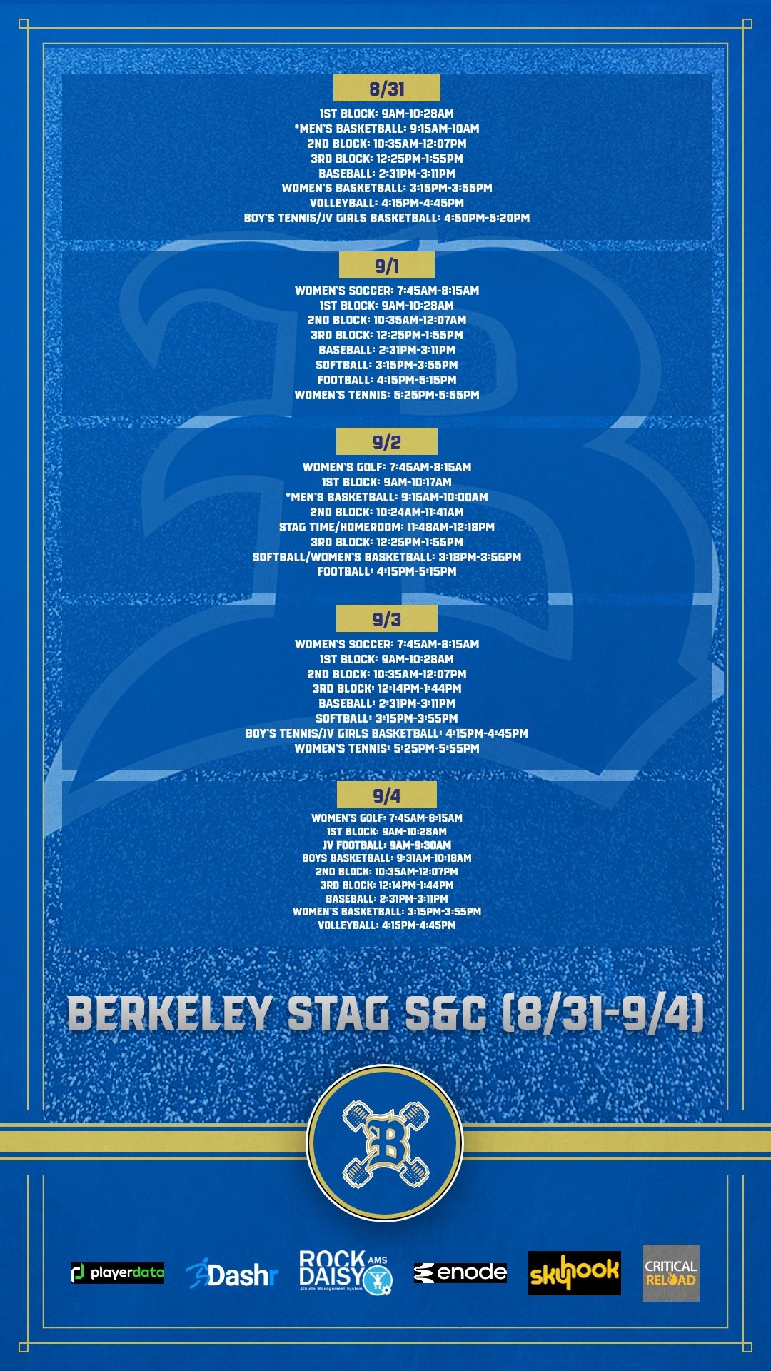 Blue poster with white text. Title reads "BERKELEY STAG SEC 18/31-9/4". Multiple sports and dates are listed. Logos are at the bottom.