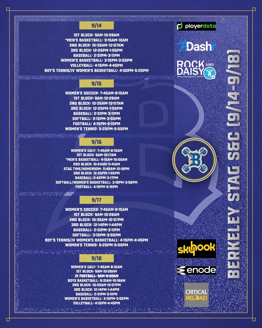 A sports schedule is displayed on a blue background. It lists dates, teams, and events for sports like soccer and baseball.