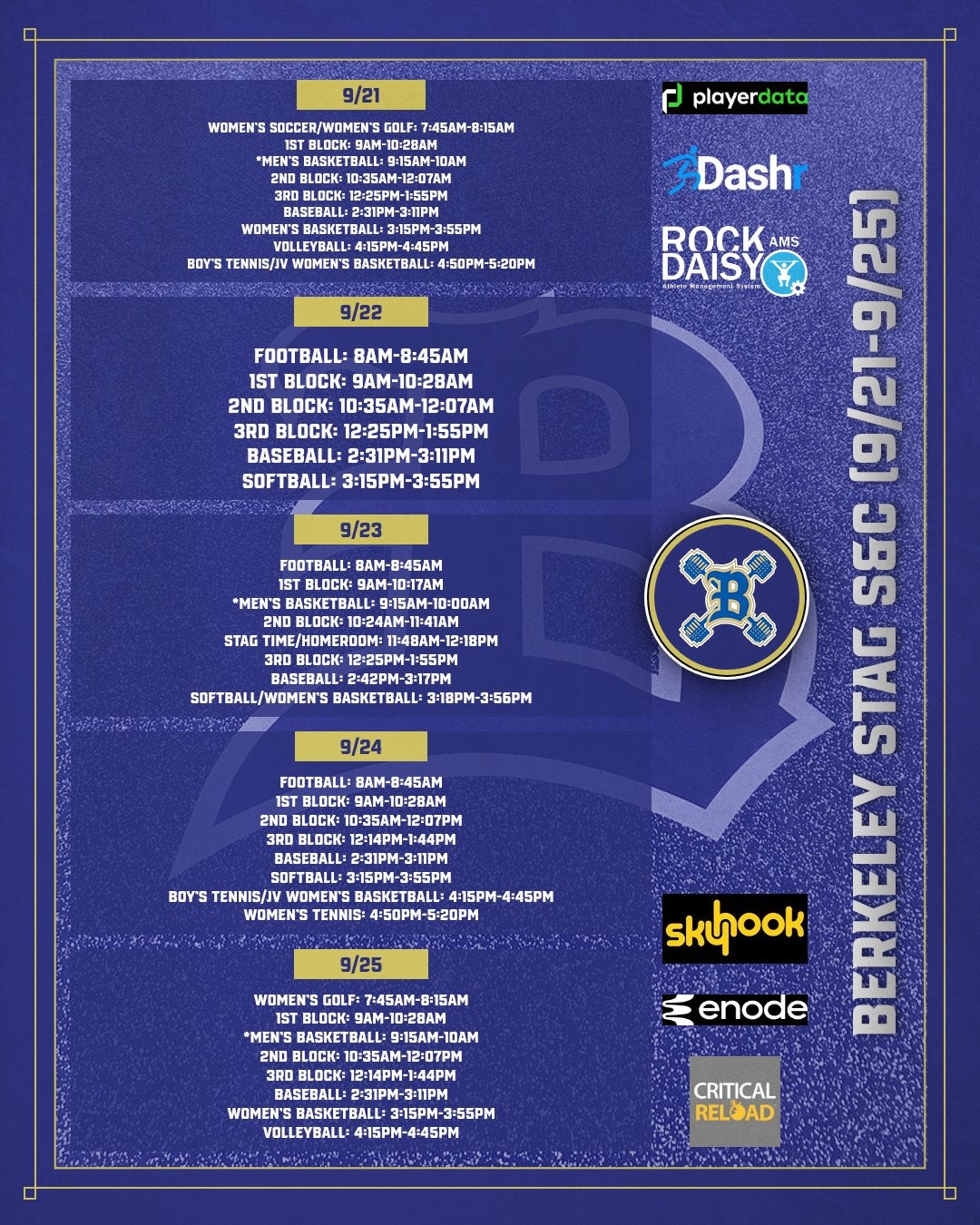 A sports schedule poster features a blue background with white text and logos. The schedule spans from September 9 to September 25.