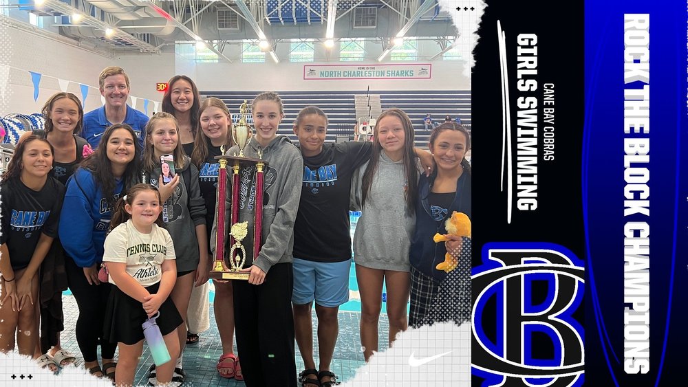 A group of young athletes pose for a photo in a pool, holding trophies, with a school logo and text.