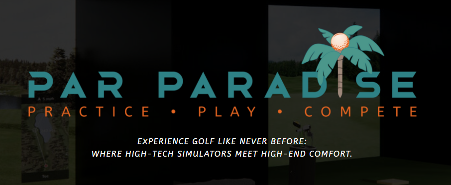 Logo with text "PAR PARADISE PRACTICE PLAY COMPETE" and an image of a palm tree and golf ball.
