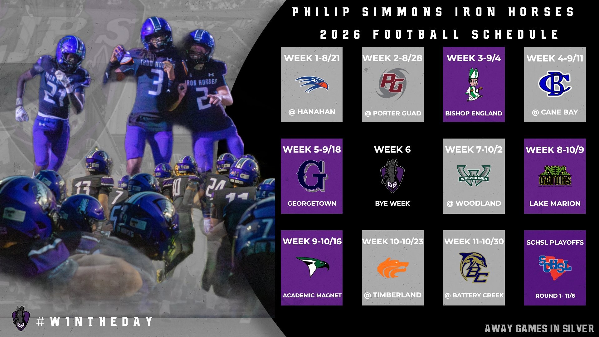 Football team in purple uniforms plays on a field. The 2022 schedule is displayed in the bottom left corner.
