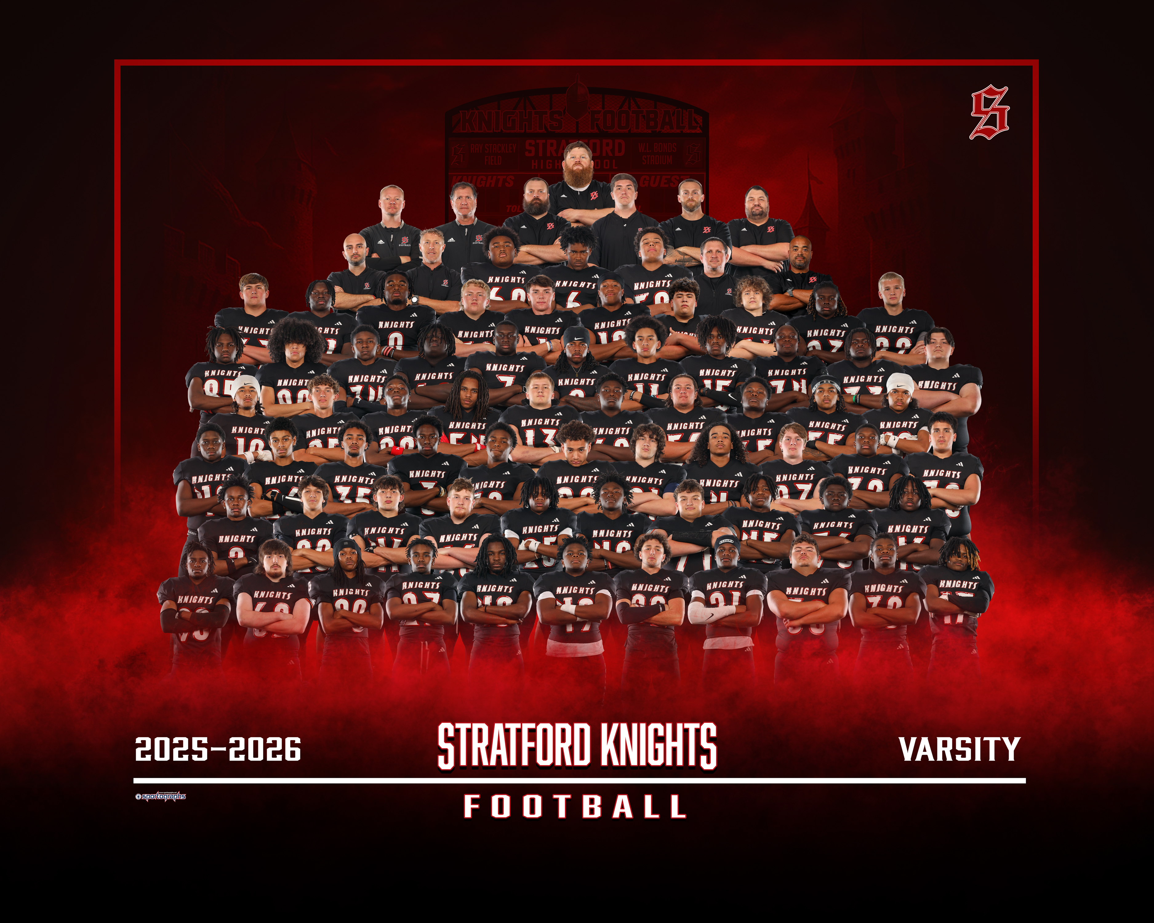 A group photo of a football team in black jerseys on a red background with text reading "Stratford Knights Varsity Football".