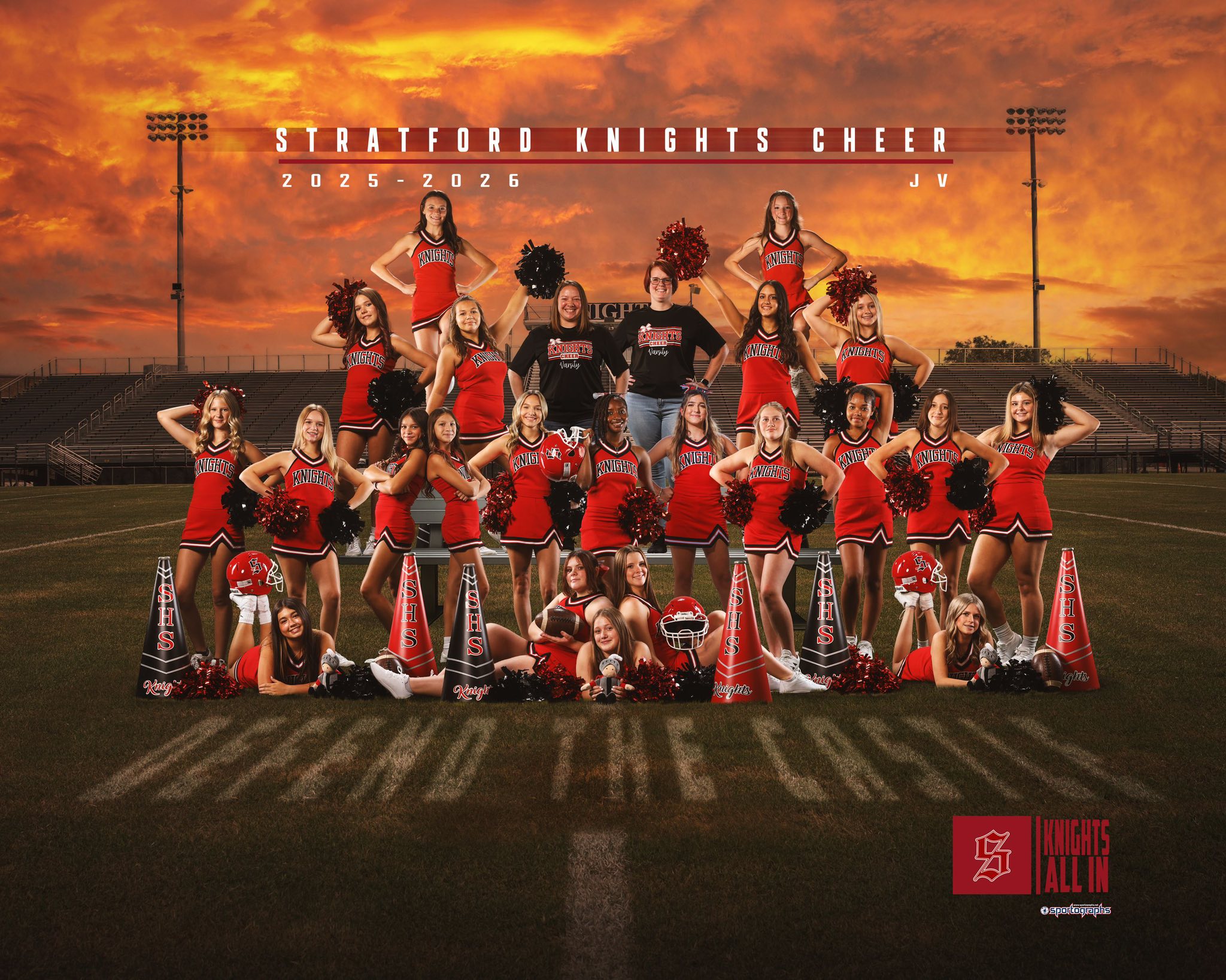 Cheerleaders in red outfits and white sneakers pose on a football field with a slogan.