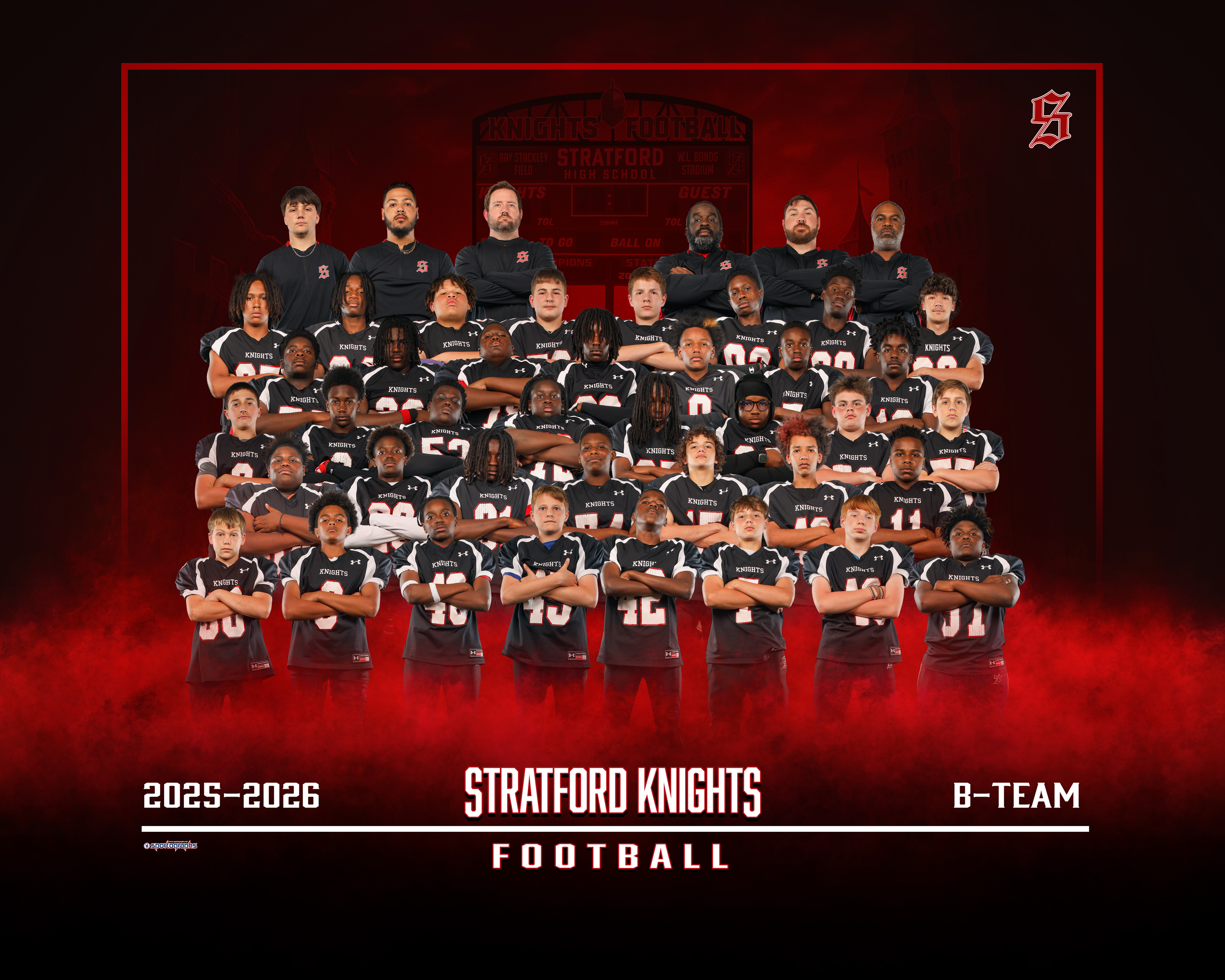 A team photo for the Stratford Knights B-team football team in black and white jerseys, set against a red and black background.