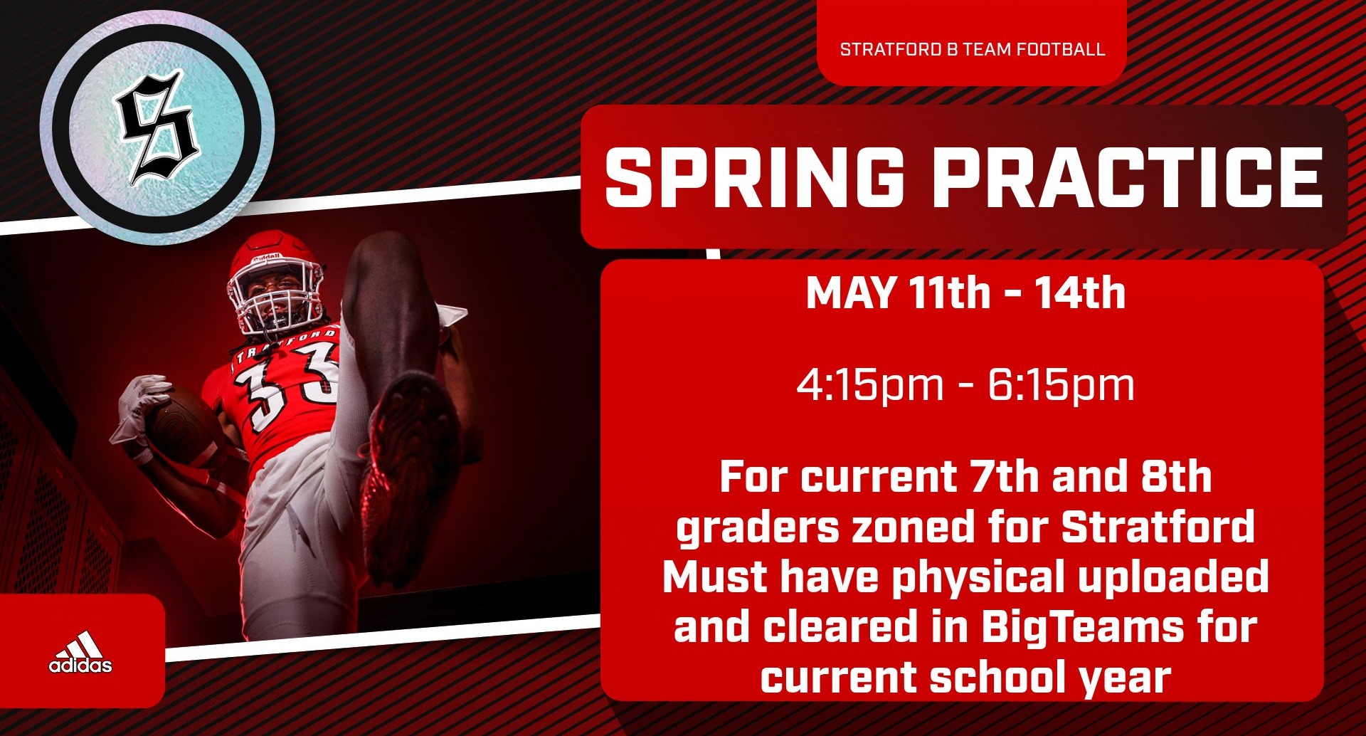 Red and white graphic with text "Spring Practice" and an athlete in football gear. Details about practice.