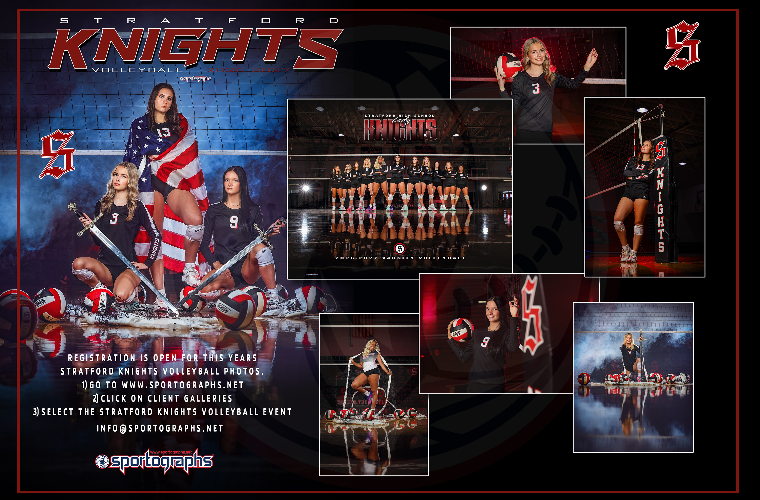 Collage of multiple photos of female athletes in various poses, holding balls and swords. The text "Knights" appears prominently.