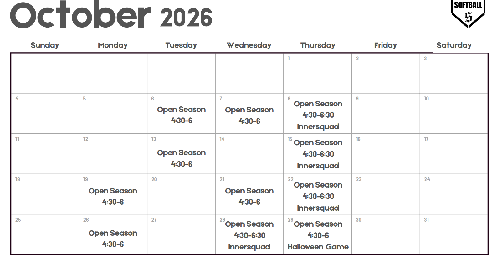 Softball Open Season Schedule for October 2026