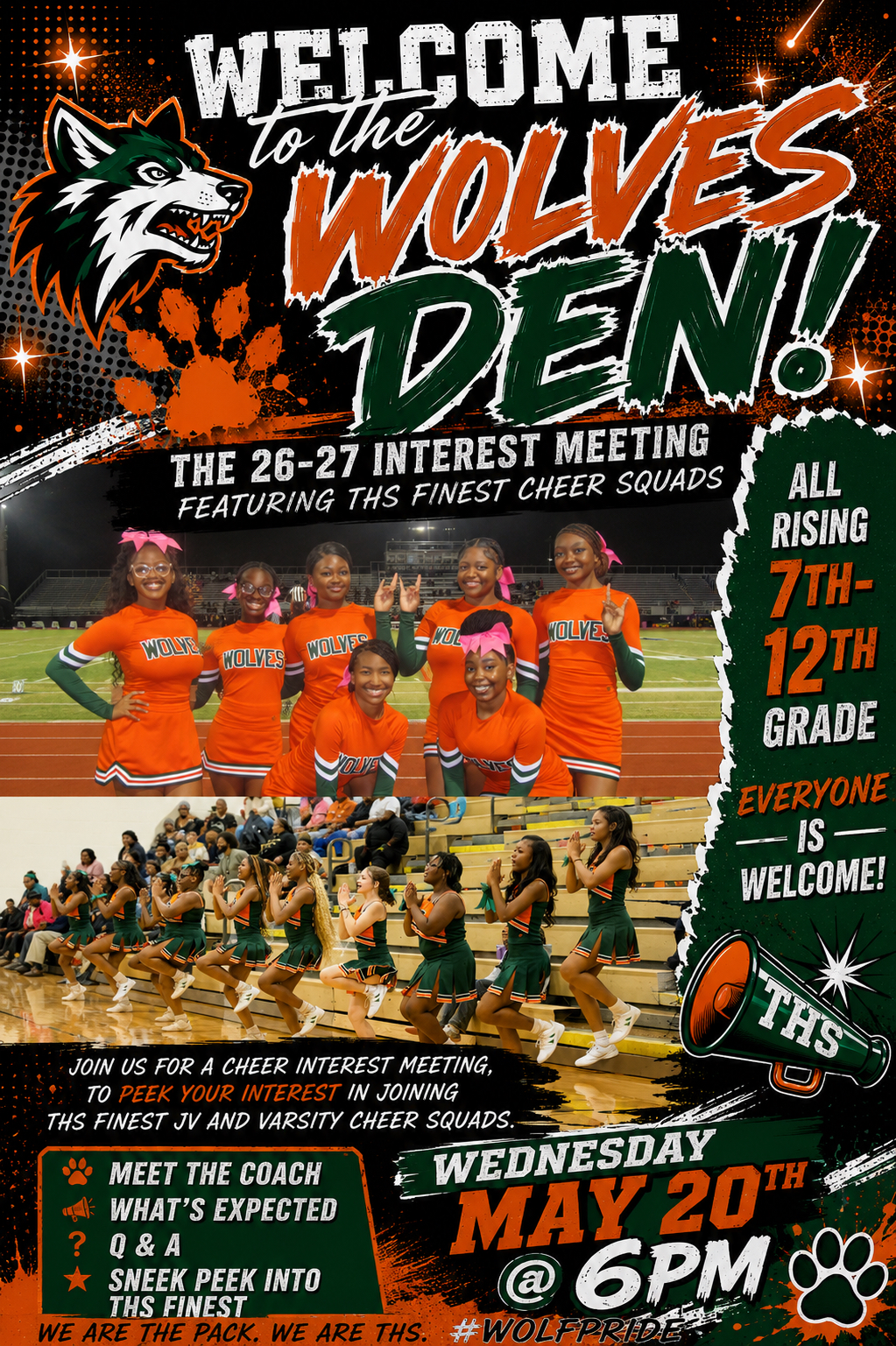 Poster with "Welcome to the Wolves Den!" text. Cheerleaders in orange uniforms. Date and time: May 20 at 6 pm.