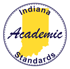 The Indiana Academic Standards logo. It consists of the words "Indiana" stacked above "Academic Standards" in a blue sans-serif font.