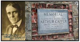 This image is a "MEMORIAL GARNETTS NATI ARTHUR CAPPER 1565 GOVSENAL 1951 PHILANTHROPIST", the inscription is likely a memorial for someone named Arthur Capper.