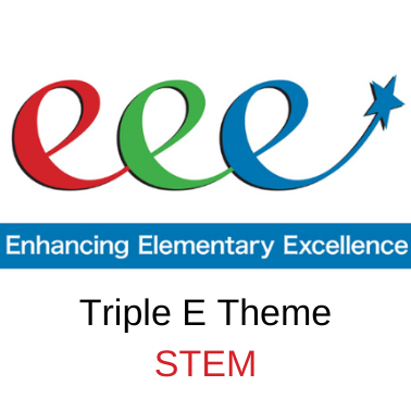 Logo with stylized letters and a star. Blue, green, and red "eee" with a blue line. Text reads "Enhancing Elementary Excellence Triple E Theme STEM".