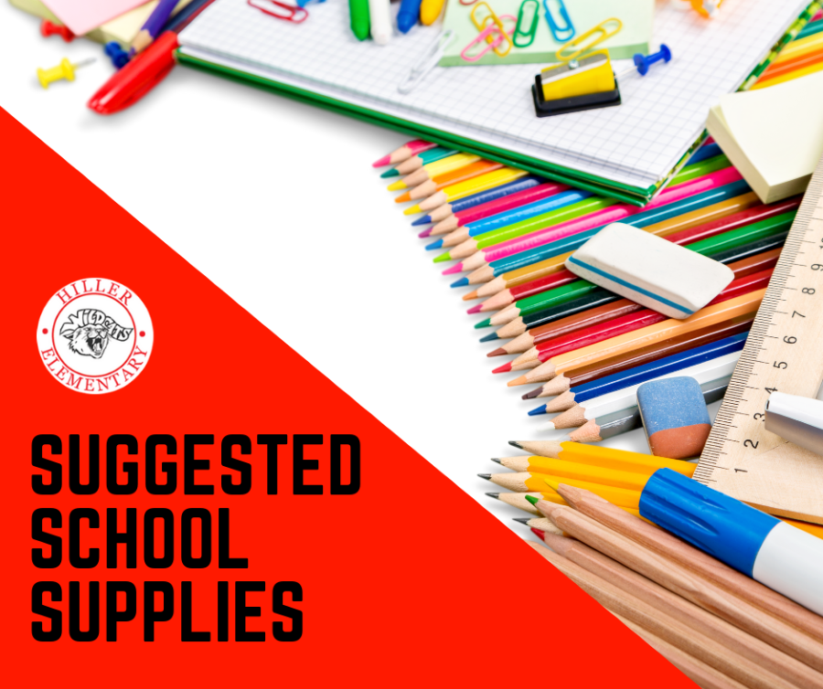 picture of school supplies with color pencils, notebooks etc