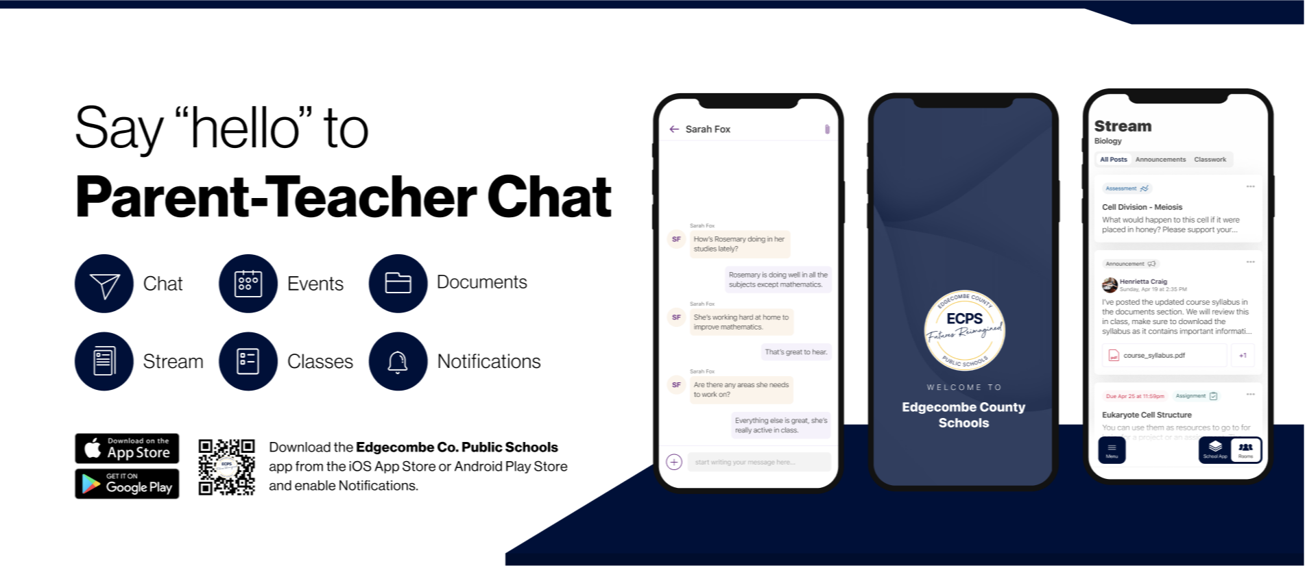 Say hello to Parent-Teacher chat in the new Rooms app. Download the Edgecombe County Public Schools app in the Google Play or Apple App store