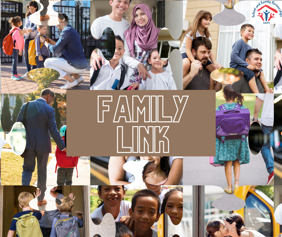 Family Link Newsletter - puzzle pieces containing images of students, parents, and community members