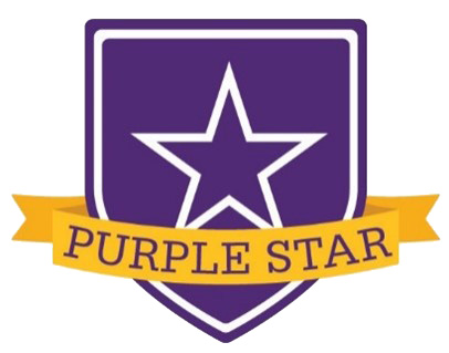 A purple shield with a yellow ribbon draped across it. On the shield is a single, five-pointed purple star. The text "PURPLE STAR" is written below the shield. This image is likely a logo for a program that supports military-connected students.