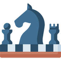 A chessboard with a knight in the middle, a phone on the left, and a tower on the right.