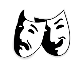 A black and white image of two theater masks. One mask has a happy expression with a wide smile and raised eyebrows. The other mask has a sad expression with a furrowed brow and downturned mouth.