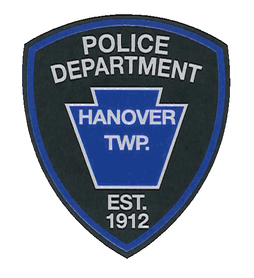 The image depicts the Hanover Township Police Department emblem. It features a dark blue and black design with bold white text