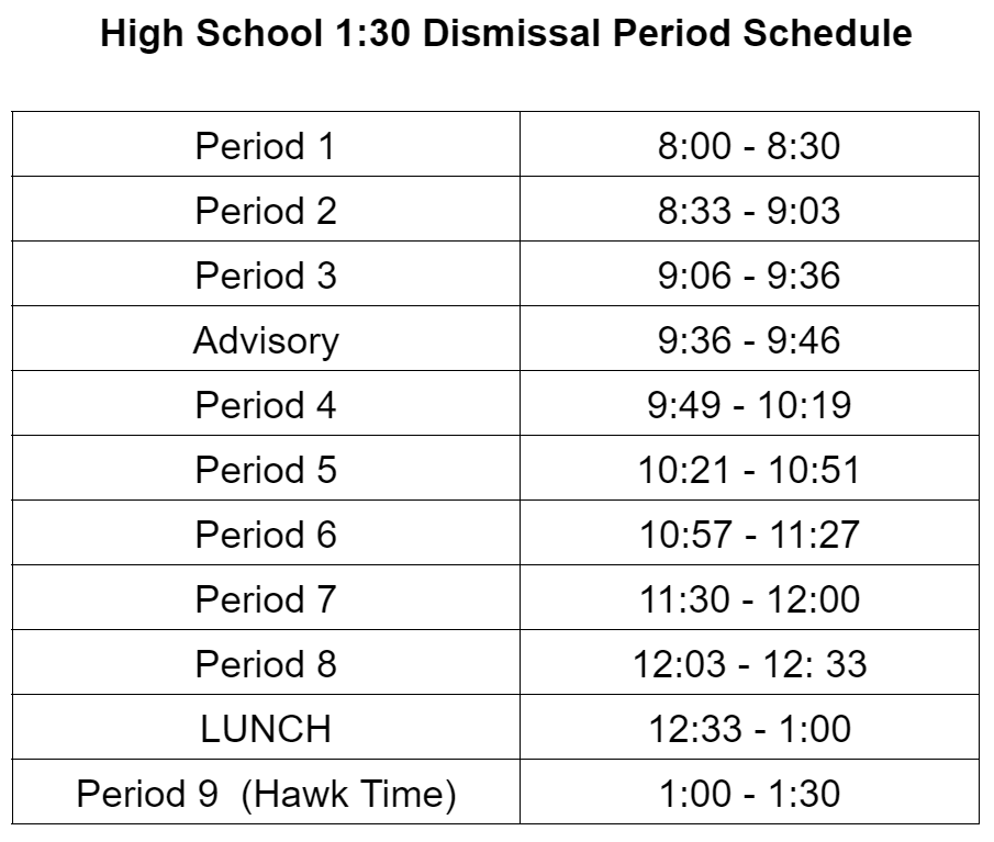 HS 1:30 Out Schedule