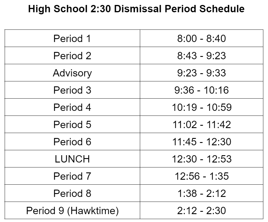 HS 2:30 Early Out Schedule