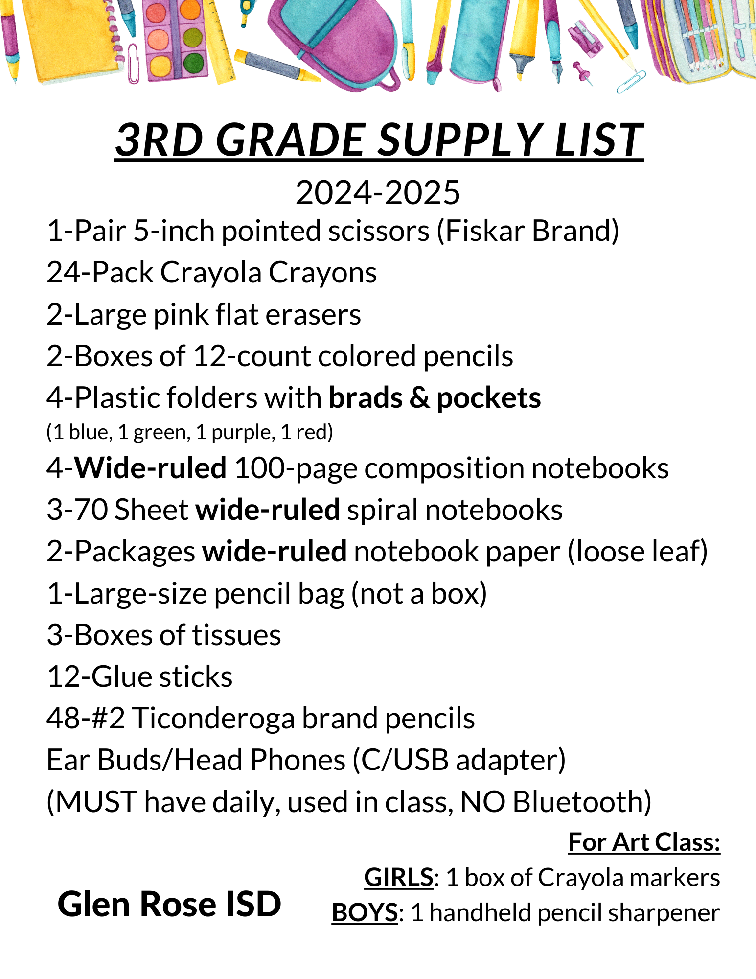3rd grade school supplies