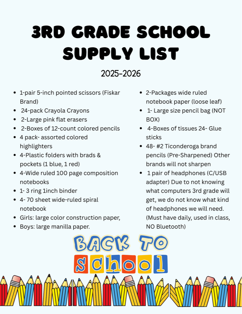 3rd grade school supplies