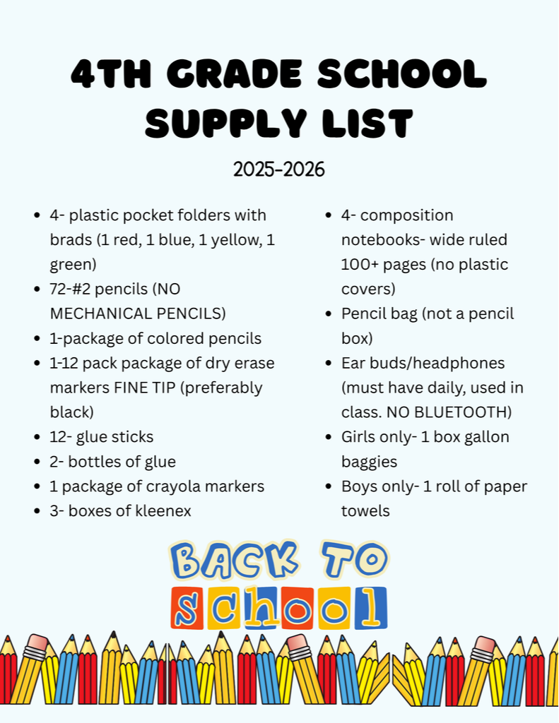 4th grade supply list