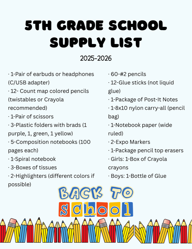 5th Grade Supply List