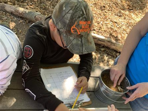 A boy and girl collaborating on a project, sitting at a table with papers and pencils.