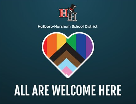 Logo for Hatboro-Horsham School District and LGBT flag in the shape of a heart