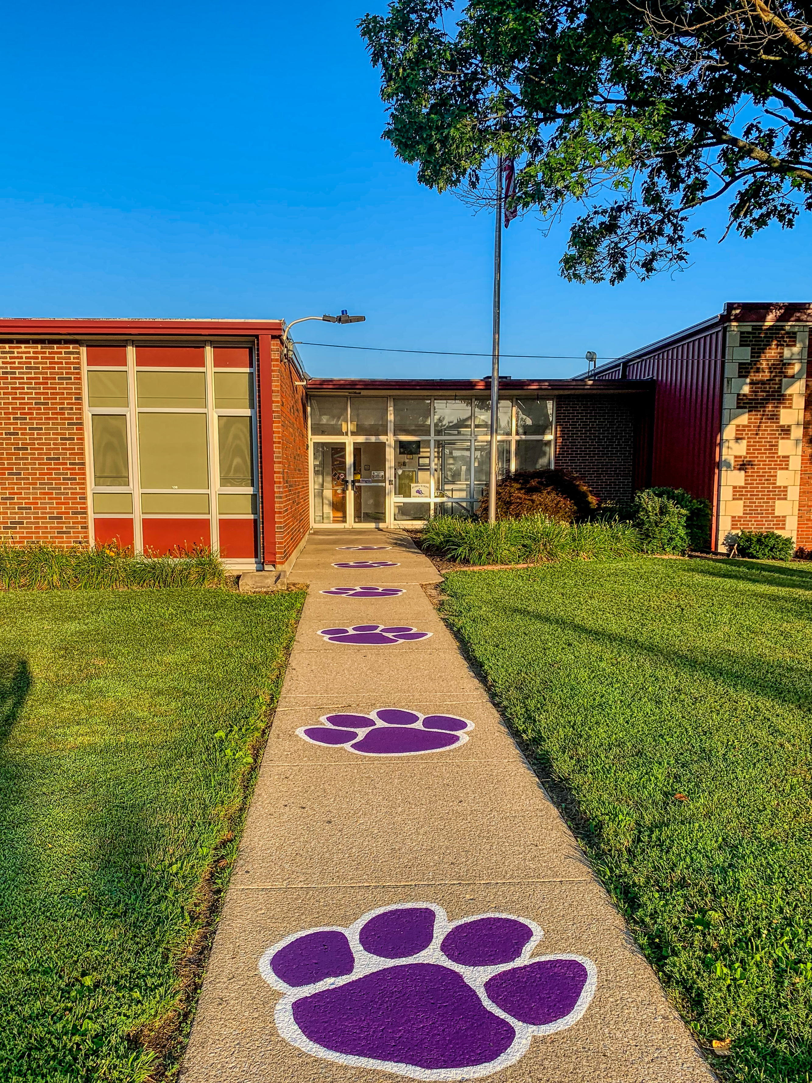 Image of front walk to Russell school with panther paws.