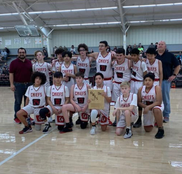 basketball players on the basketball court posing as a team with their coach