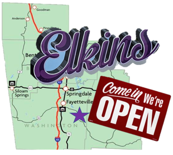 A map showing areas including Springdale and Fayetteville, with a red route leading to Elkins. The text ‘Elkins’ is highlighted in large purple letters, and there’s a sign that reads ‘Come in We’re OPEN’.