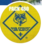 A red and yellow Cub Scout badge with a wolf in the center. The badge has the text "PACK 460" and "SCOUTS" written above and below the wolf design.