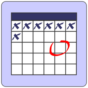 A digital calendar icon with a red circle around it. The calendar has square boxes for each day of the month. There are small icons inside some of the boxes, which could represent appointments or events.