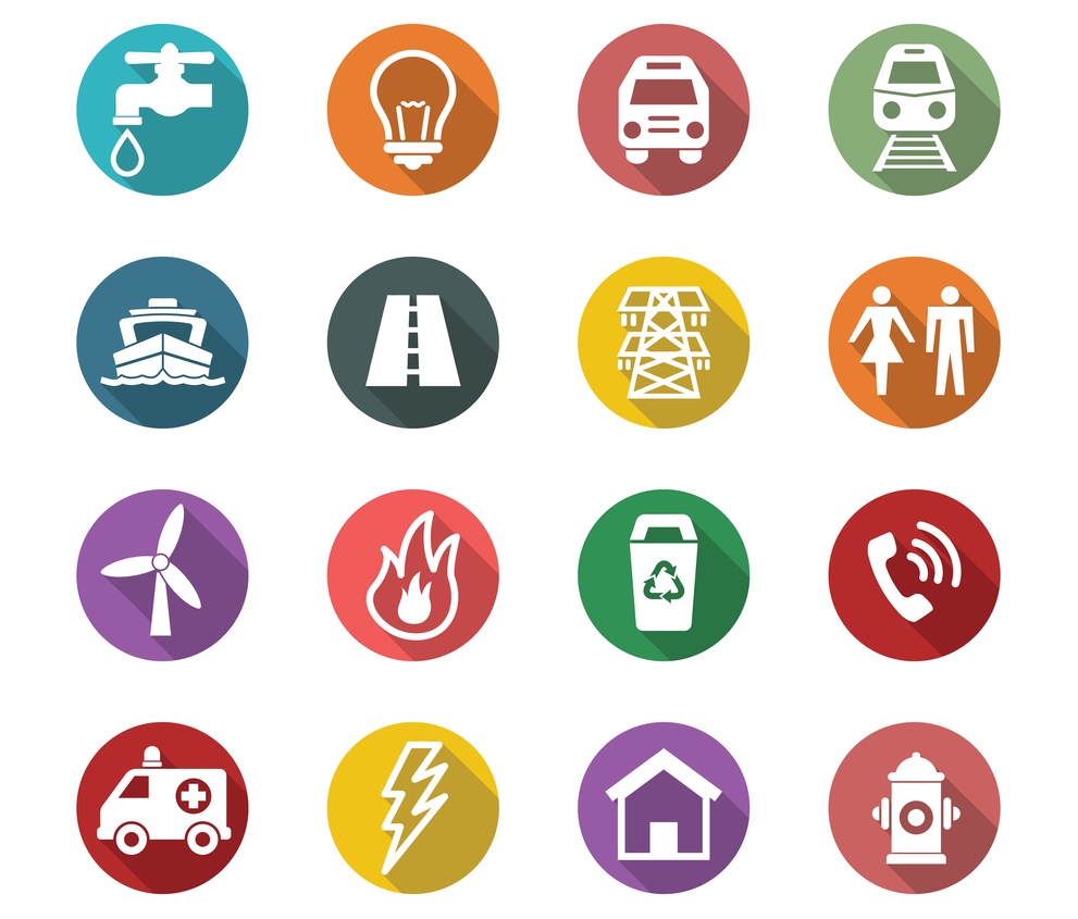 A set of flat icons with long shadows representing various public utilities including electricity, water, and gas.