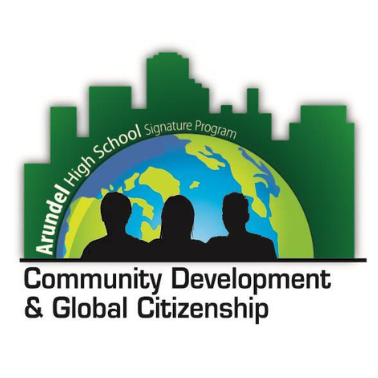 Arundel High School Signature Program Community Development & Global Citizenship Image of globe with cityscape behind it and silhouette of people in front of it  