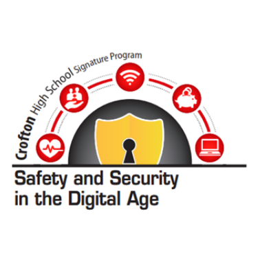 Crofton High School Signature Program Safety and Security in the Digital Age image of lock icon of heartrate, icon of hand holding people, icon of wifi, icon of bank, and icon of computer around the lock