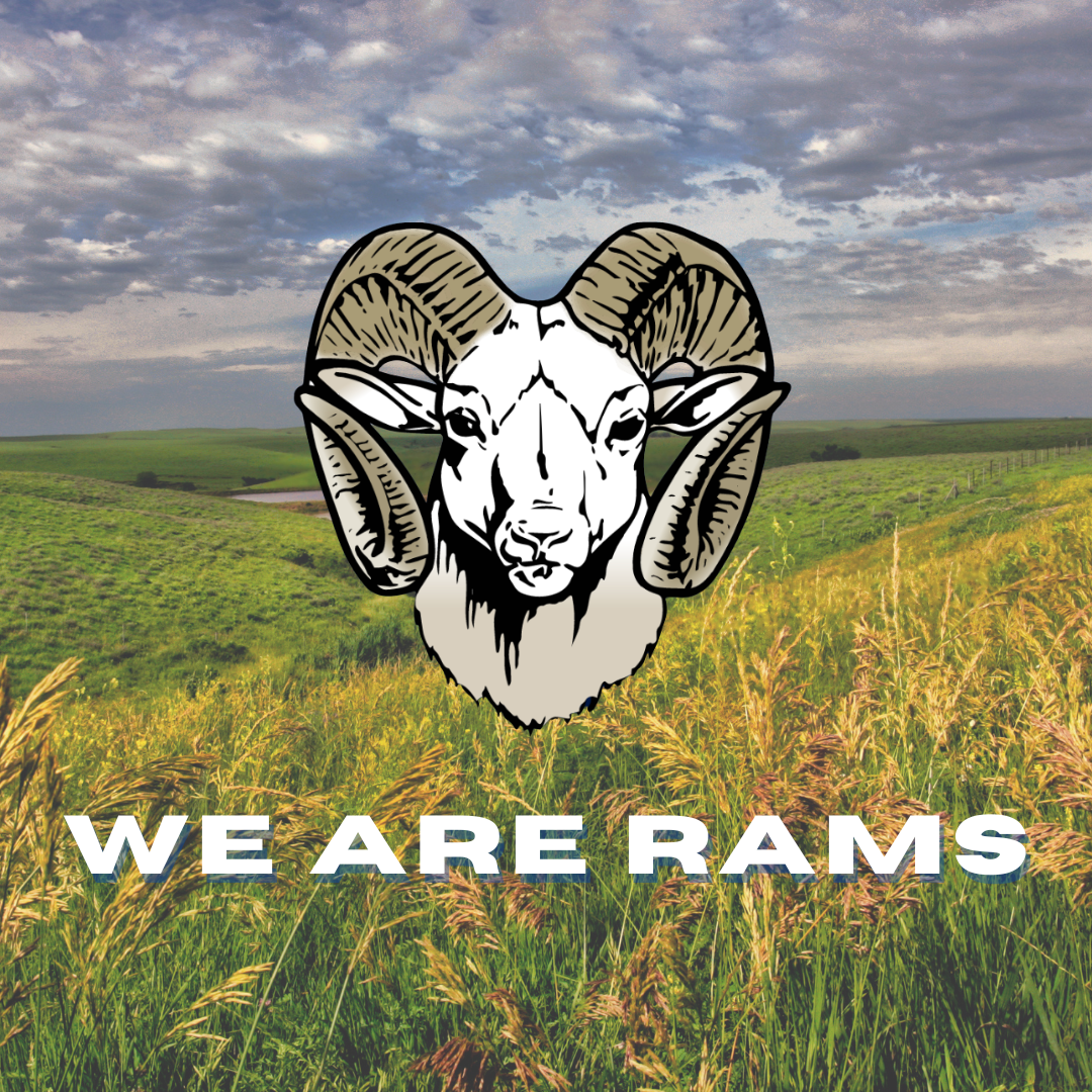 we are rams and a picture of the blue valley logo in front of the flint hills.