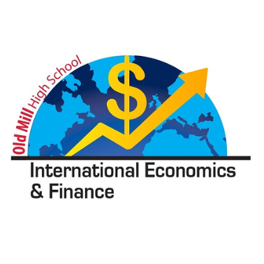 Old Mill High School Signature Program -International Economics and Finance image of globe with stock market icon of up arrow and dollar sign